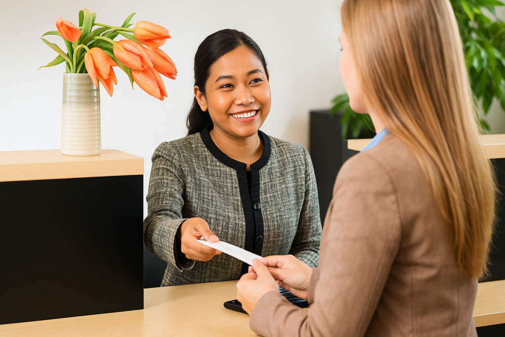 Een glimlachende Indonesische bankmedewerker in een professionele tweed blazer zit achter een receptie en overhandigt documenten aan een buitenlandse vrouw die bezig is met het openen van een bankrekening.