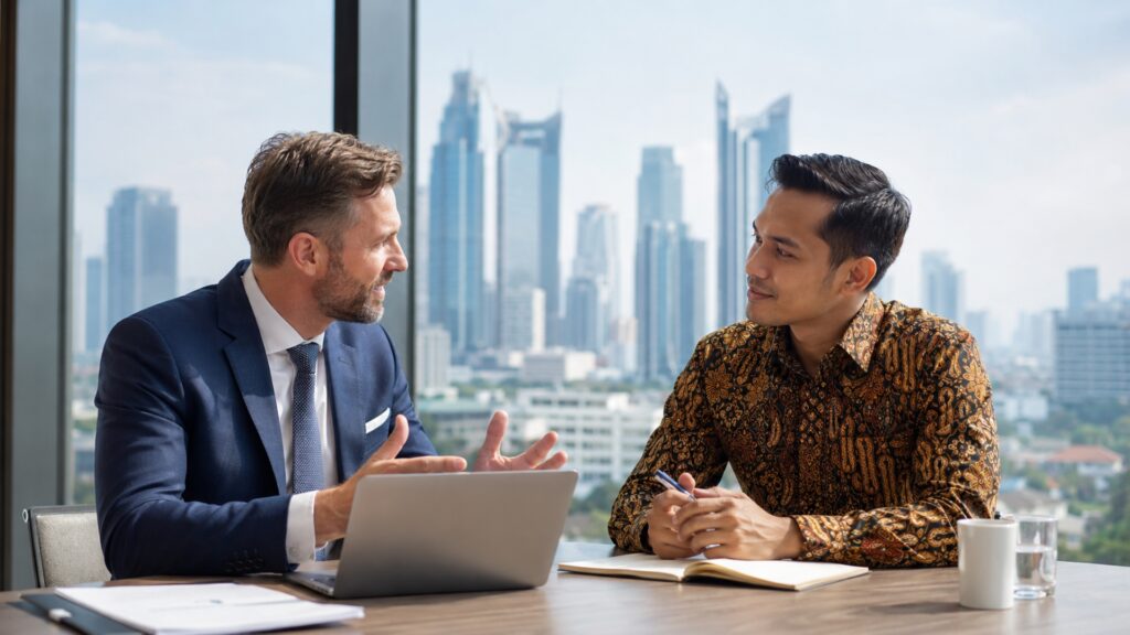Zagraniczny dyrektor konsultujący się z indonezyjskim doradcą biznesowym w sprawie otwarcia przedstawicielstwa w Indonezji