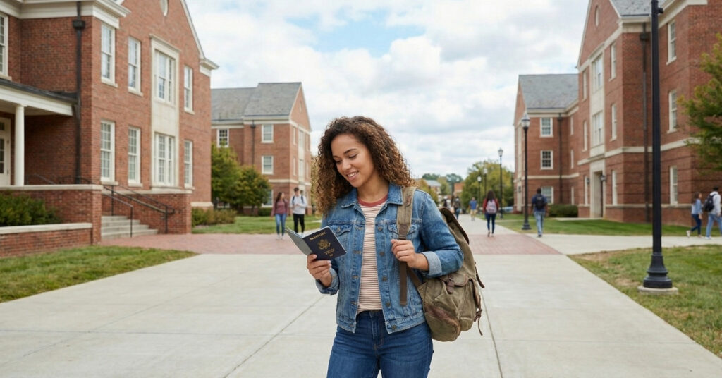 Female student on campus reading her passport before applying for an indonesia short course student exchange visa