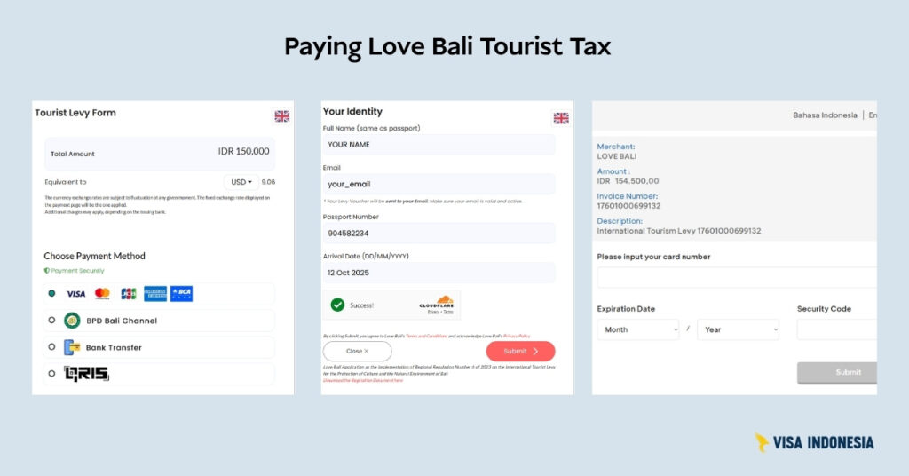Skärmdump av betalningsformuläret för turistskatt för Love Bali som visar 150 000 idr i avgift, betalningsmetoder som visum, qris och identitetsfält för pass och e-post.