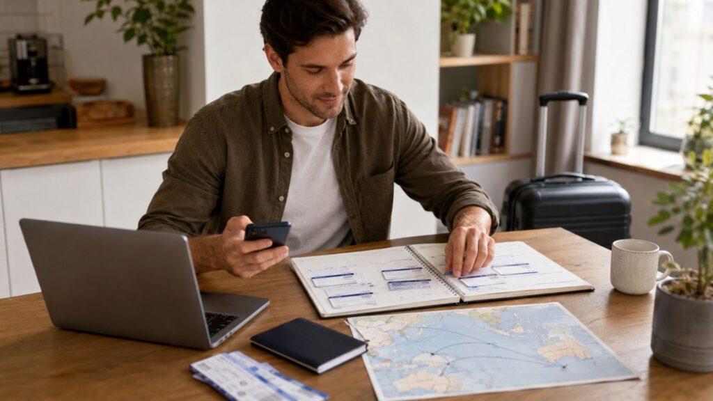 Foreign traveler using a calendar and map to plan several trips to indonesia with a d1 visa.