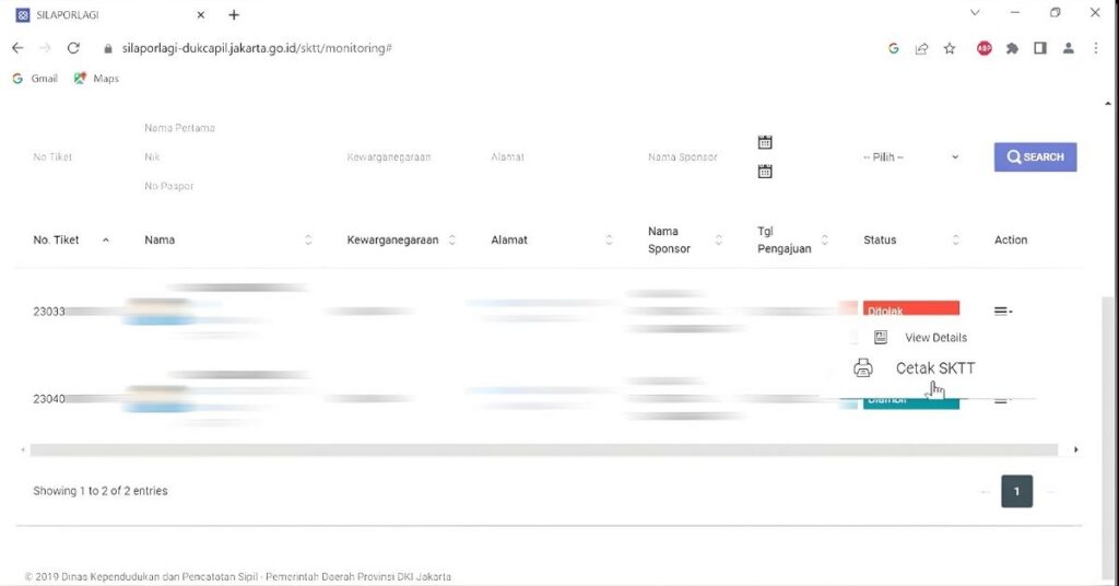 Screenshot of silaporlagi monitoring page listing sktt tickets with a cursor on the “cetak sktt” print option for an approved application.