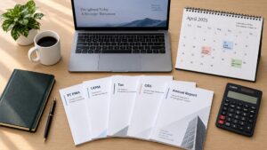 Calendrier de conformité Pt PMA posé sur un bureau, avec à côté d'un ordinateur portable des documents relatifs à LKPM, à la fiscalité, à l'OSS et au rapport annuel.