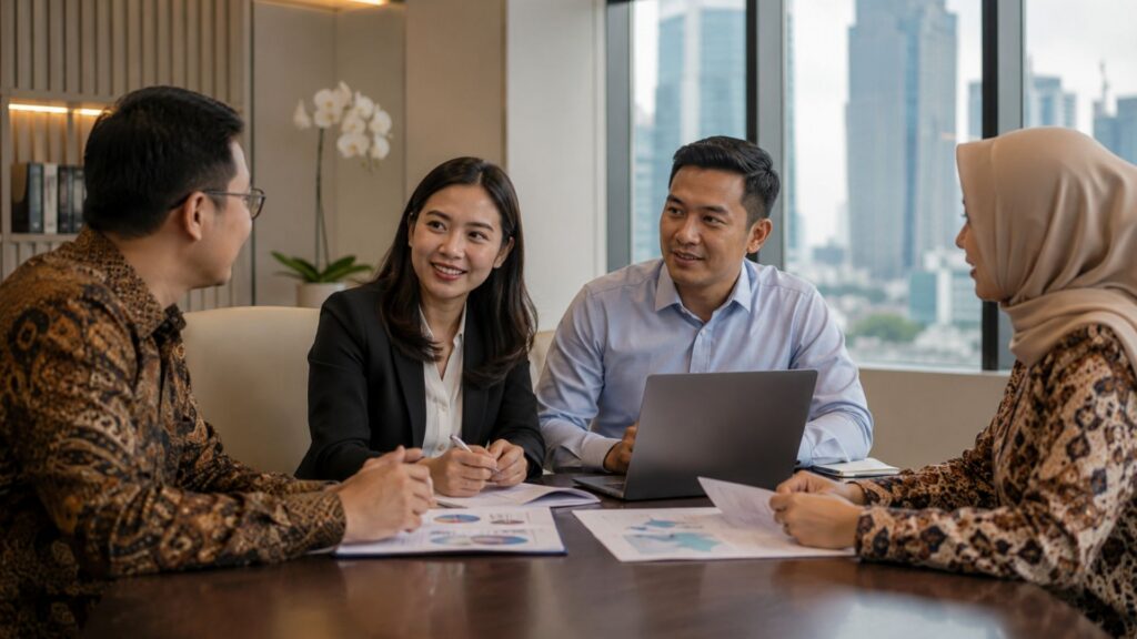Business team in indonesia discussing market research, liaison activities, and local partnership opportunities