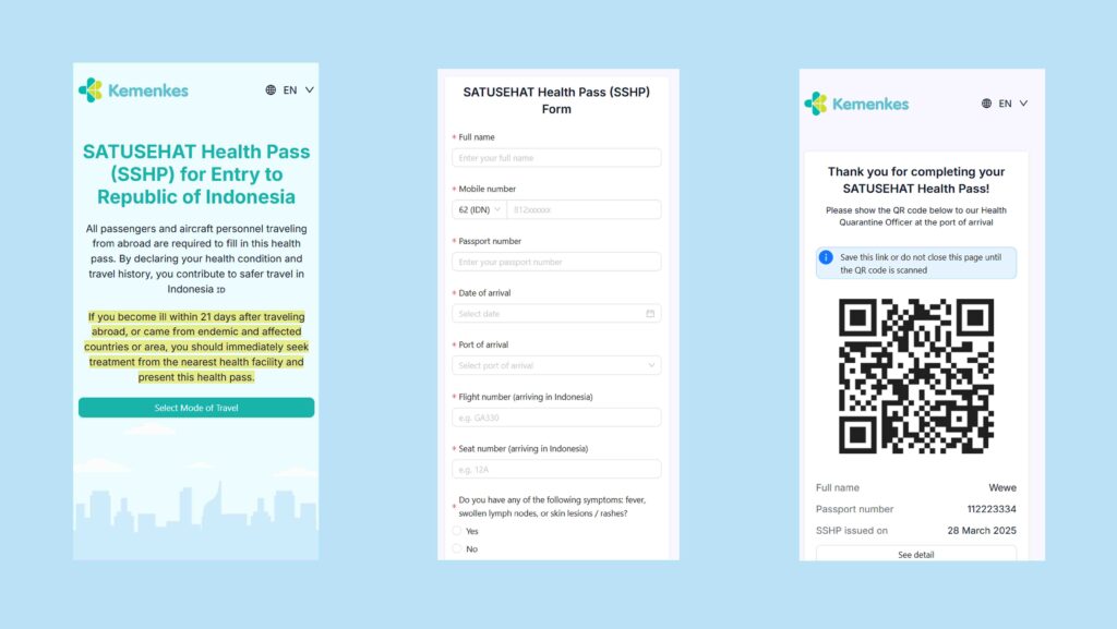 Tre skärmdumpar av formuläret satusehat health pass (sshp) för inresa till Indonesien, som visar välkomstskärmen, formulärfälten och qr-kodsbekräftelsen.
