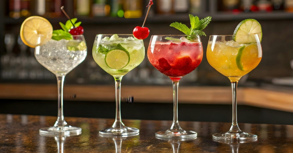 Four colorful cocktails with lime, mint, and cherry garnishes on a bar counter, representing alcohol sales and serving rules in indonesia.