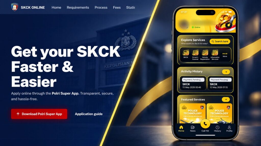 Polri super app interface showing the skck online service and digital application features