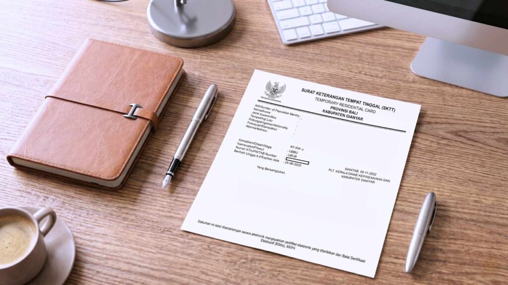 Sktt residence certificate document on a wooden office desk, showing temporary residence proof for foreigners with kitas in indonesia.