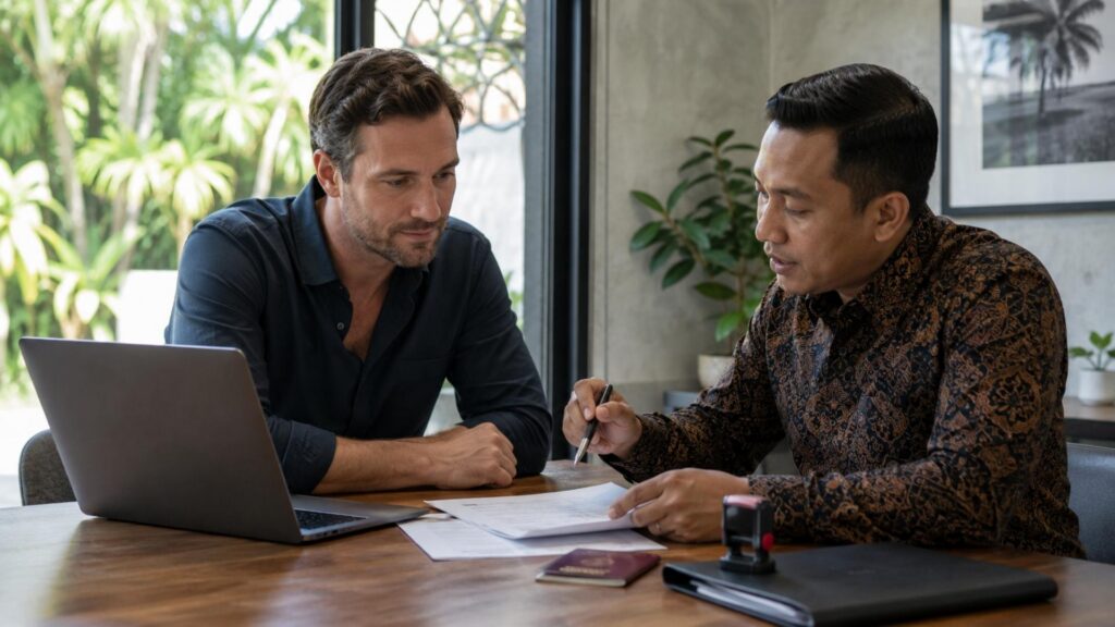 Buitenlandse ondernemer bespreekt de oprichting van PT PMA met een Indonesische juridisch adviseur op Bali.