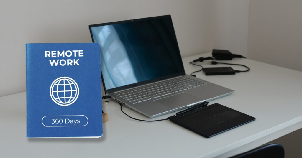Laptop on a desk beside a remote work permit graphic marked 360 days, representing bali’s long-stay option for remote workers.