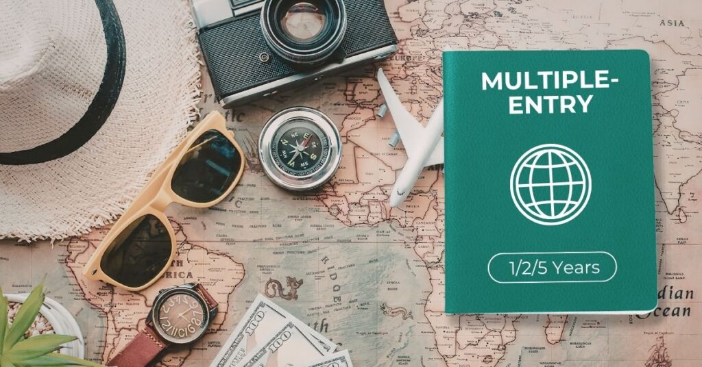 Travel flat lay with map, camera, sunglasses, and a multiple-entry visa graphic labeled 1, 2, and 5 years for flexible bali travel.