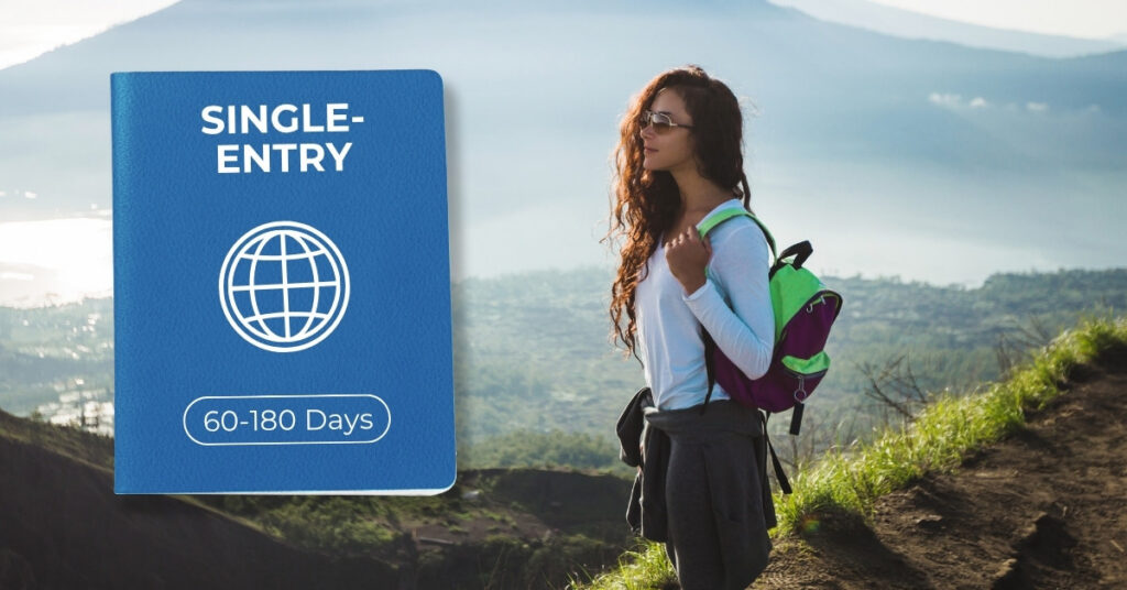 Traveler standing on a scenic bali viewpoint next to a single-entry visa graphic marked 60–180 days for longer single-stay visits.