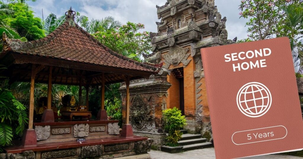 Traditional balinese temple setting with a second home visa graphic marked 5 years, showing a long-term residence option in bali.