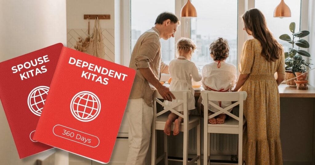 Family in a bright kitchen with spouse kitas and dependent kitas graphics, illustrating long-term bali stay options for spouses and children.