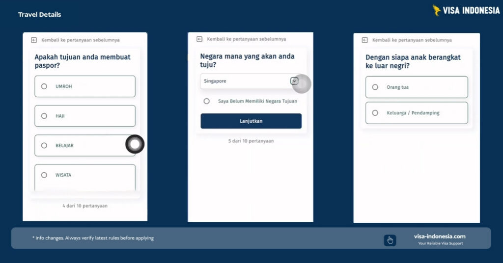 Indonesian passport app “travel details” screens showing purpose options (umrah, hajj, study, tourism), destination set to singapore, and companion choice (parents/guardian).