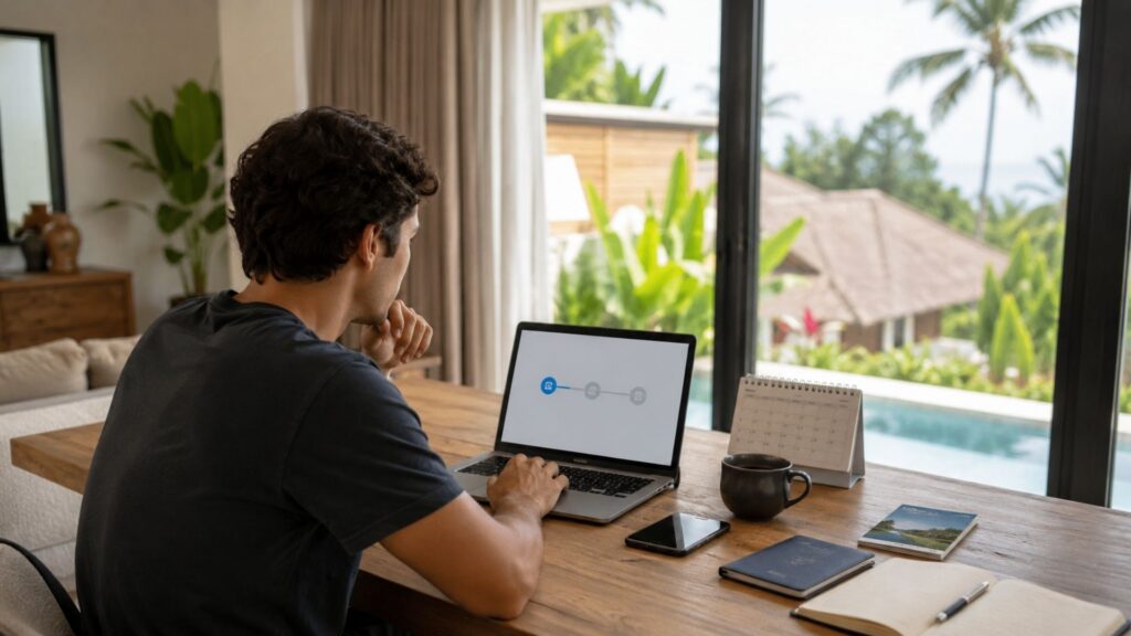 Remote worker checking a passport and remote worker visa application beside an open suitcase before leaving indonesia.