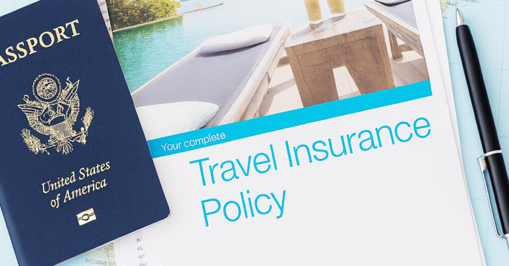 A u. S. Passport and travel insurance document placed beside a poolside scene, suggesting preparation for an international bali trip.