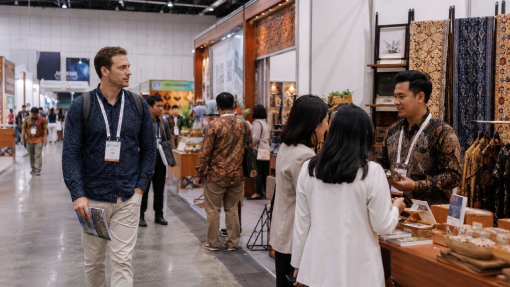 Foreign visitor speaking with an indonesian event staff member at a busy exhibition venue, holding a passport while asking about the c11 visa.