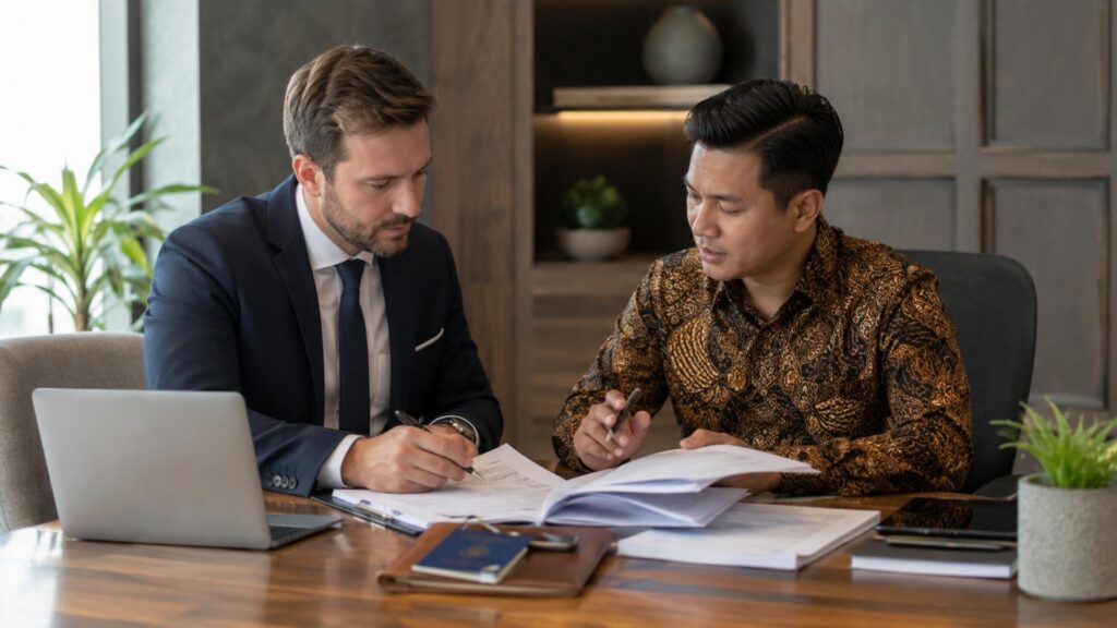 Foreign entrepreneurs meeting indonesian consultants to discuss market entry and representative office setup in indonesia