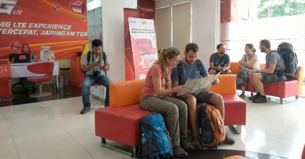 Travelers sitting inside a telkomsel store in bali while buying and activating prepaid sim cards.