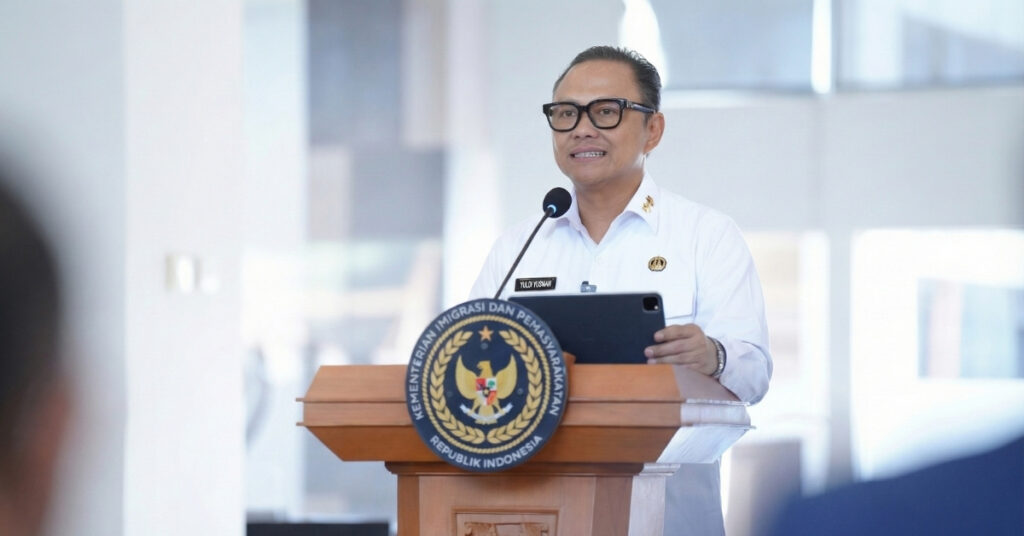 Immigration official speaking at a podium with the ministry seal, introducing indonesia’s global citizenship of indonesia (gci) program.