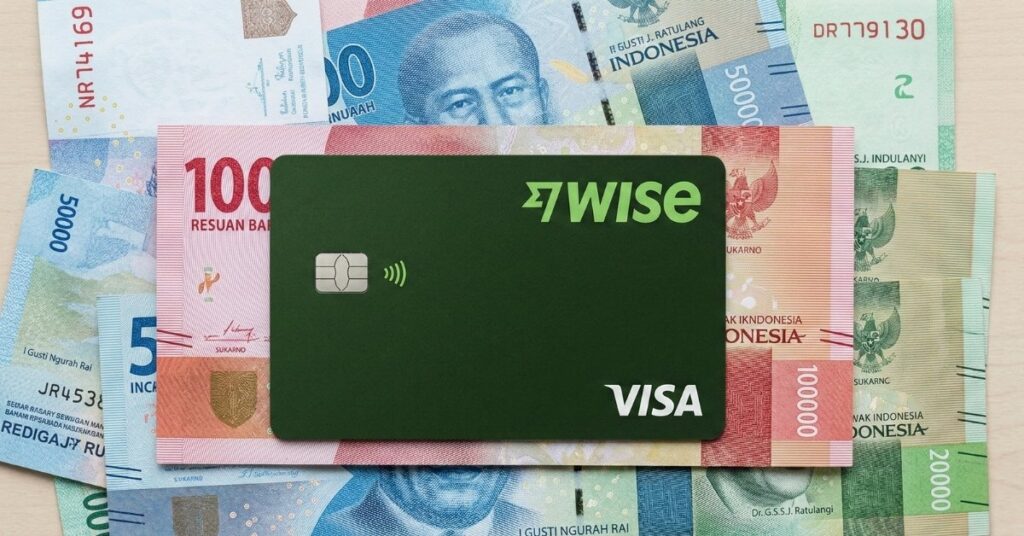 Wise visa card on top of indonesian rupiah bills, representing exchanging money and paying in local currency.