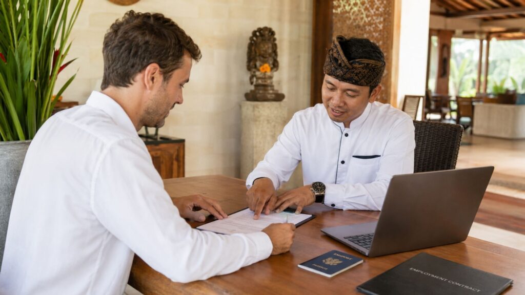 Buitenlandse werknemer bekijkt een arbeidscontract met een Indonesische werkgever in een kantoor op Bali.