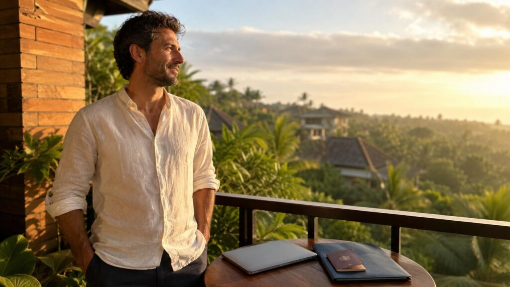 Buitenlandse professional voelt zich rustig op een balkon op Bali na het regelen van het juiste werkvisum.