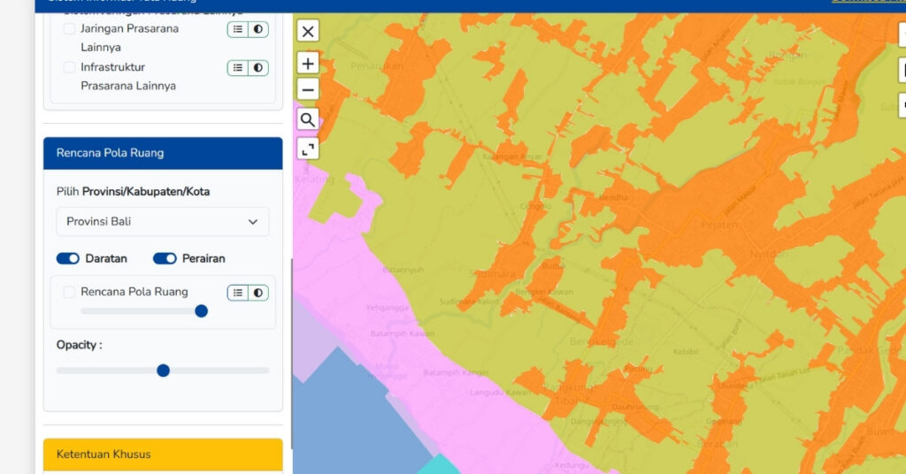 Zoomed-in bali zoning map with detailed colored land-use areas showing different zoning classifications in one location.